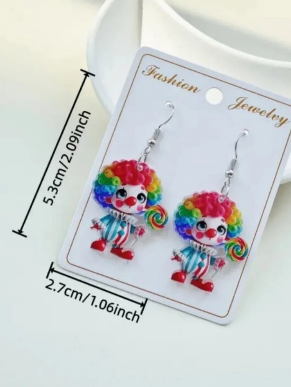 Rainbow Clown Dangle Earrings - Colorful Clown with Lollipop